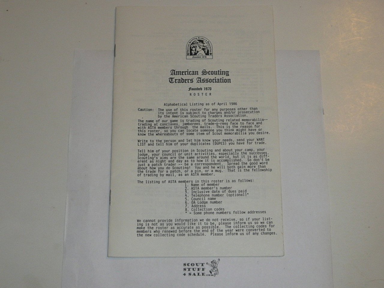 American Scouting Traders Association Report (ASTAR), 1986, April Membership Roster