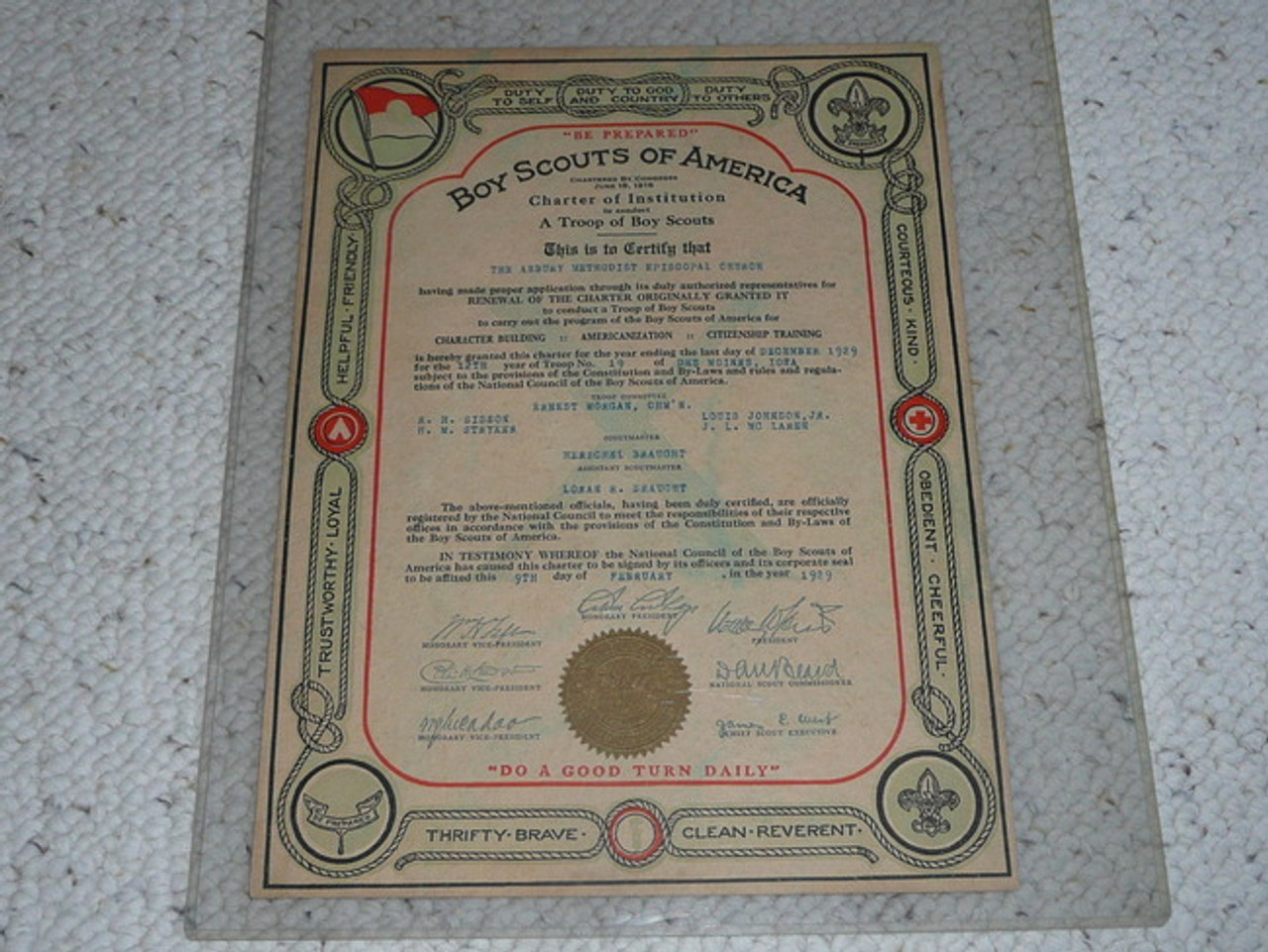 1929 Boy Scout Troop Charter, 10 year Veteran Troop