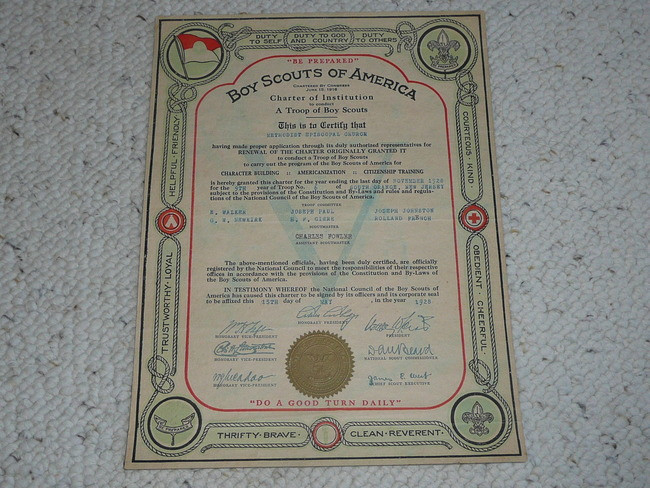 1928 Boy Scout Troop Charter, 5 year Veteran Troop