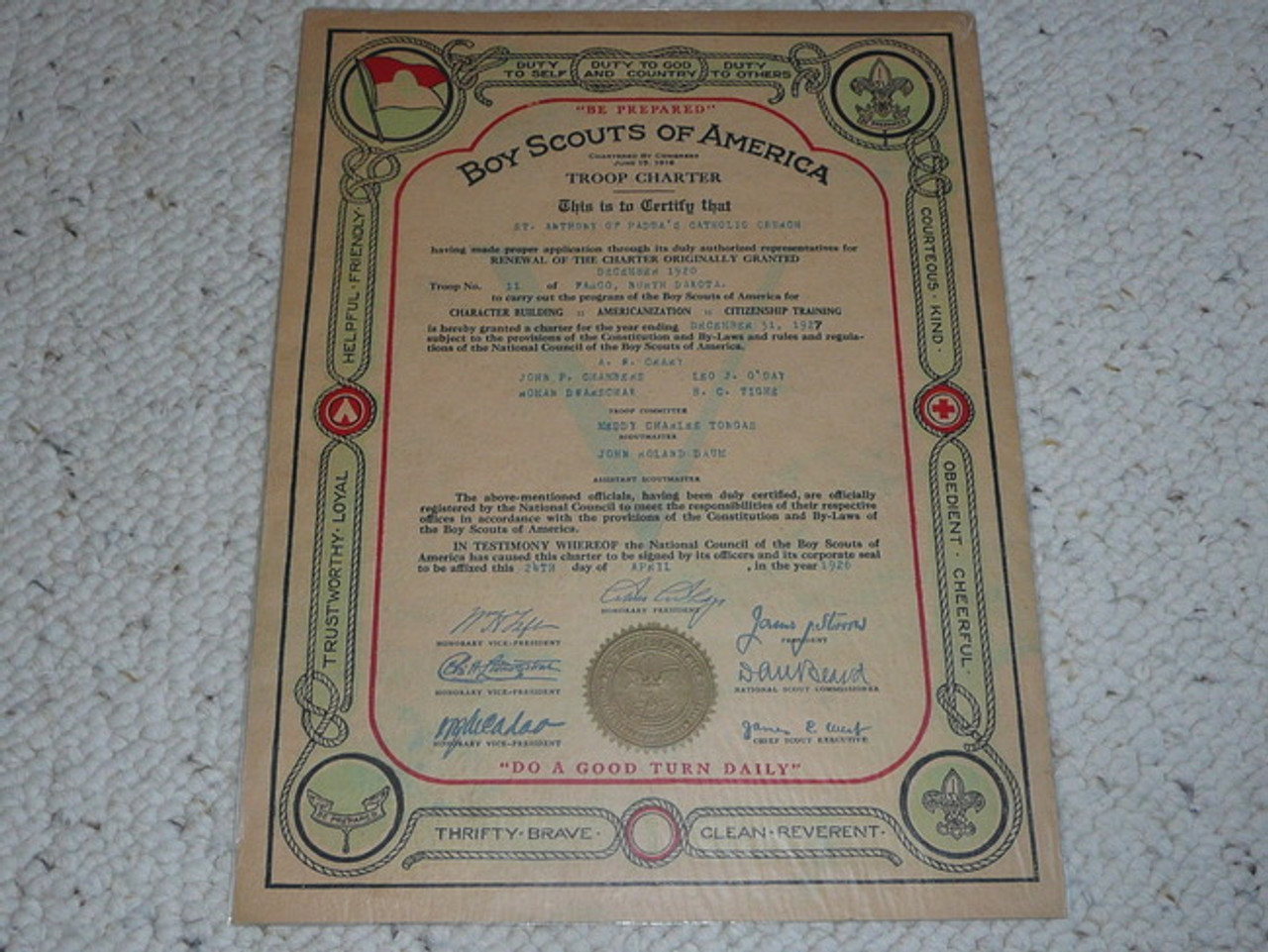 1926 Boy Scout Troop Charter, 5 year Veteran Troop