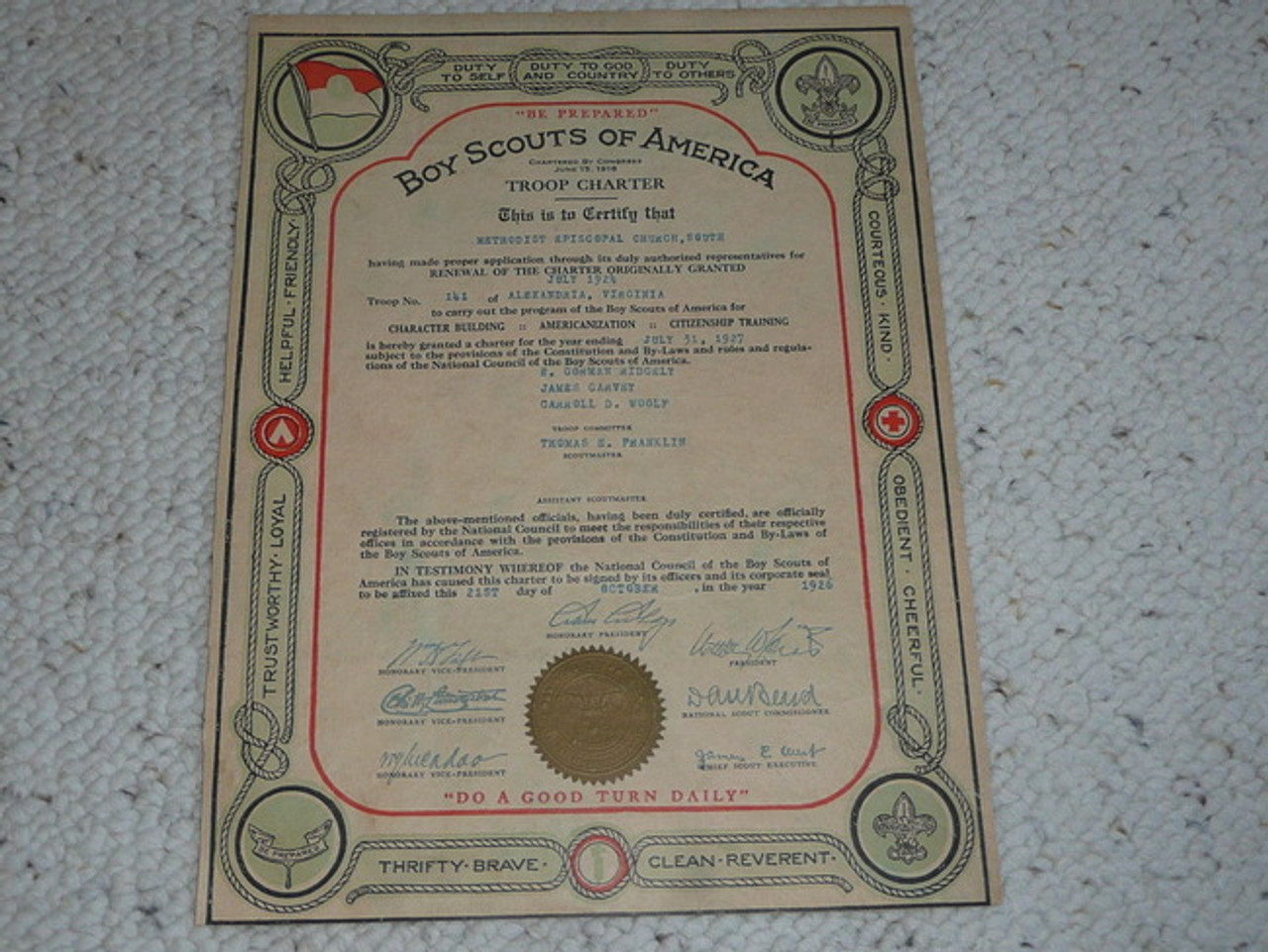 1926 Boy Scout Troop Charter