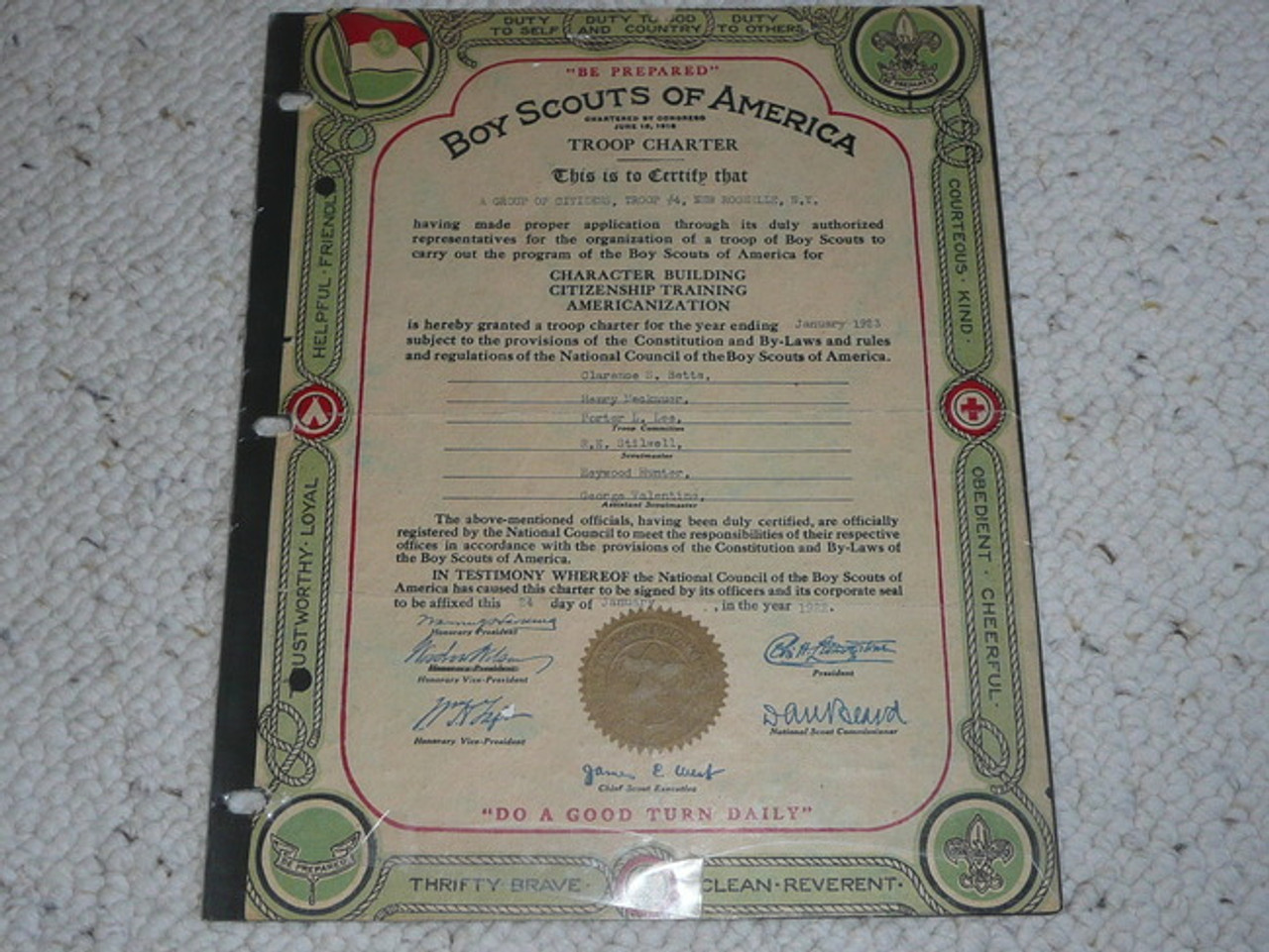 1922 Boy Scout Troop Charter, Notice Title Change for Woodrow Wilson