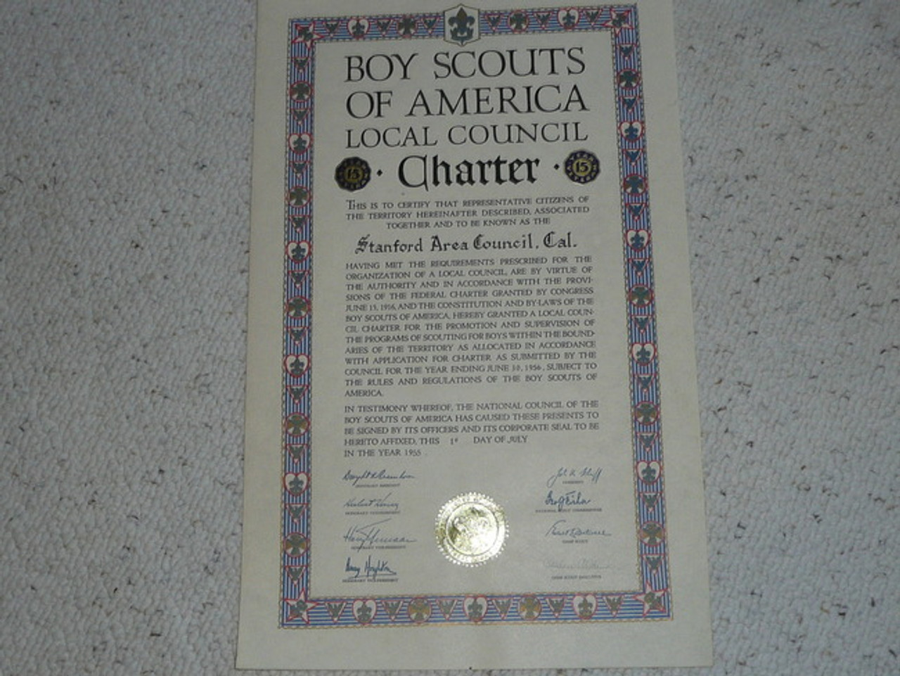 1955 Council Charter Certificate, Stanford Area Council, Original Arthur Schuck Signature, 15 year Veteran