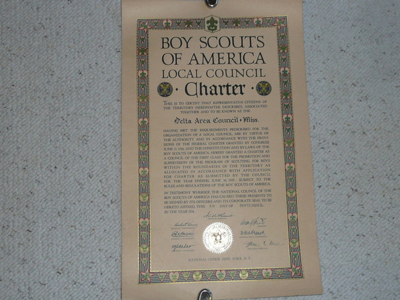 1934 Council Charter Certificate, Delta Council, Original James E West Signature, 10 year Veteran Council