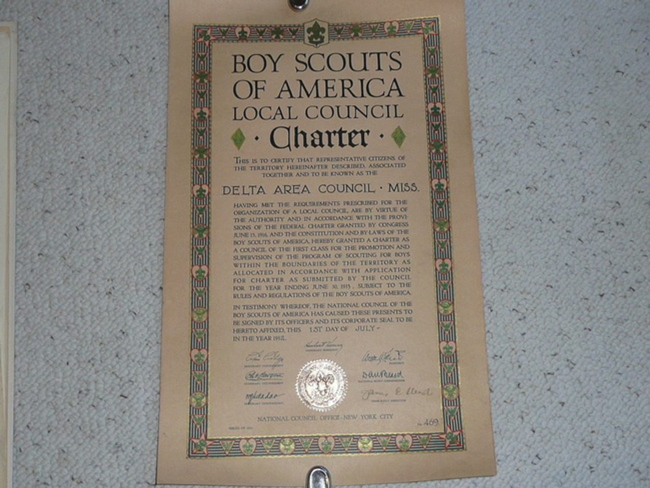 1932 Council Charter Certificate, Delta Council, Original James E West Signature, 5 year Veteran Council