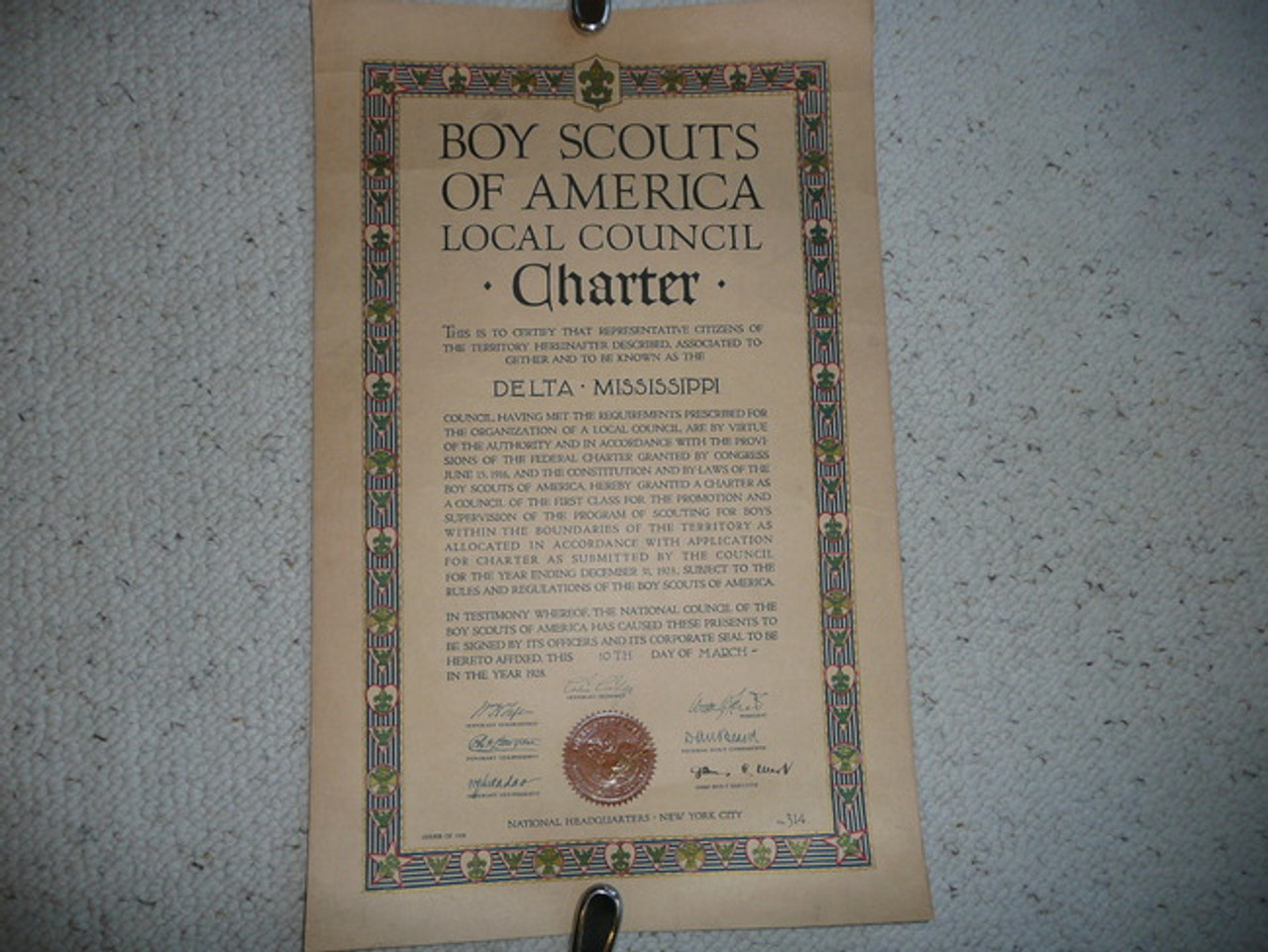 1928 Council Charter Certificate, Delta Council, Original James E West Signature