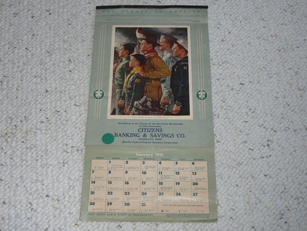 1951 Boy Scout Calendar, Norman Rockwell Art on the cover and lots of pictures and Scouting info on each page