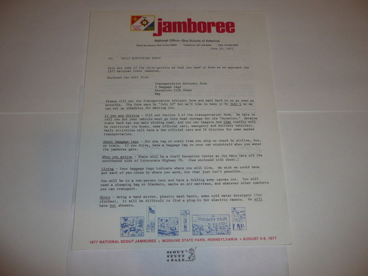 1977 National Jamboree Memo sent staff with luggage tags and other info