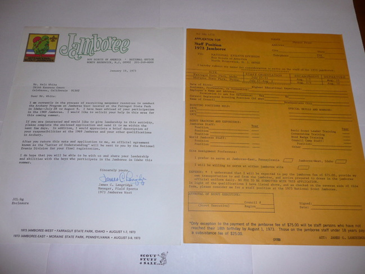 1973 National Jamboree Letter from Staff recruiting staff people and a staff application