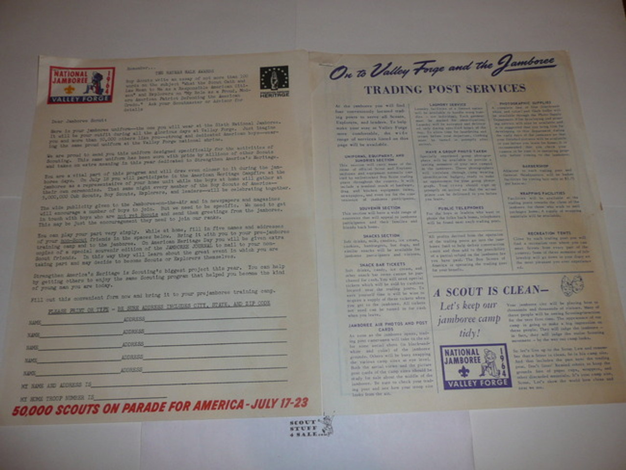 1964 National Jamboree Letter to Jamboree Scouts with Trading Post information