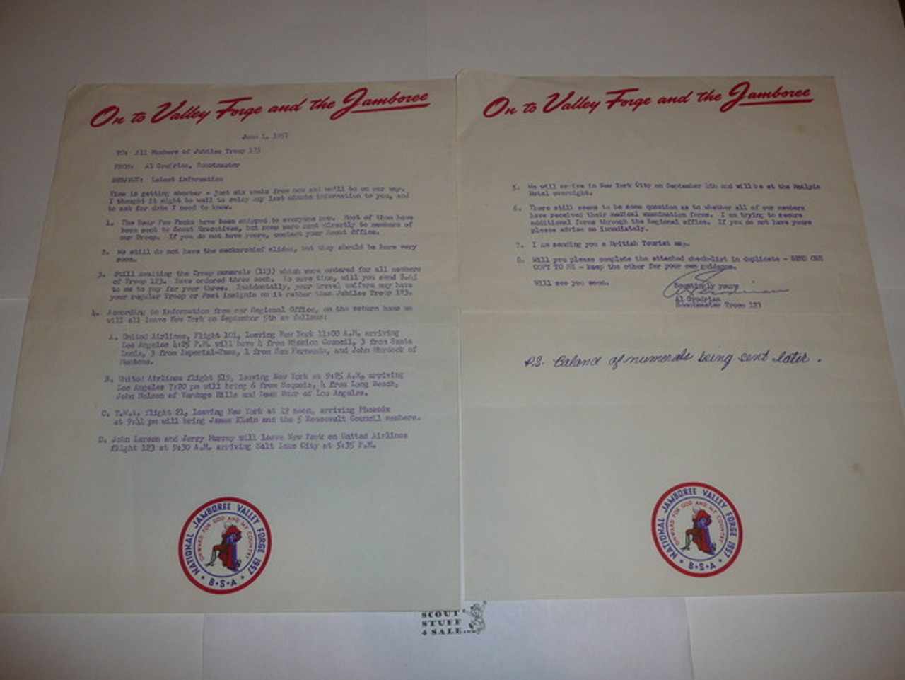 1957 National Jamboree Letter to contingent members from Leader