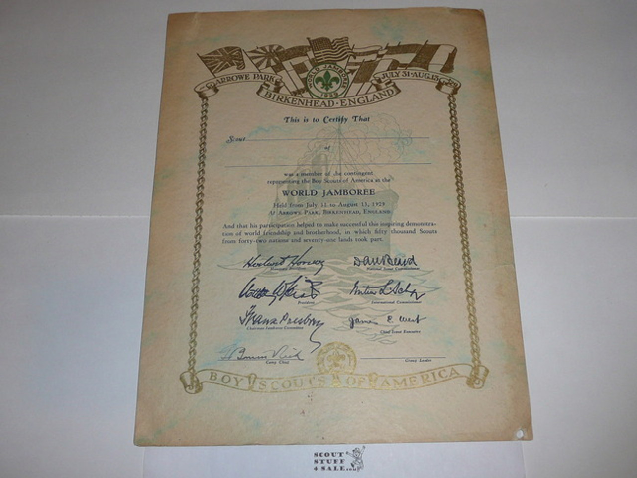 1929 World Jamboree USA Contingent Member Recognition Certificate, blank