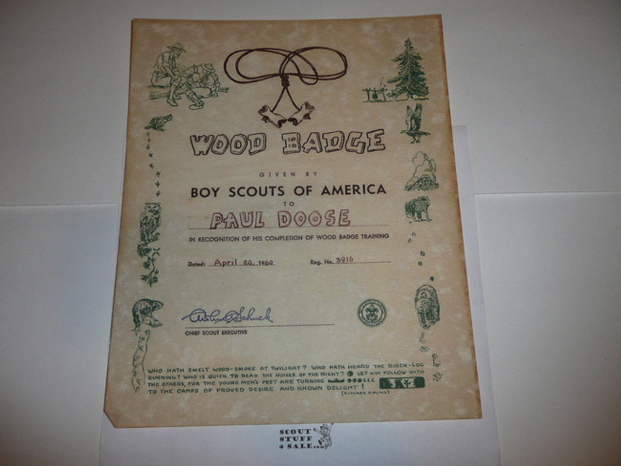 1960 Wood Badge Training Certificate, Presented
