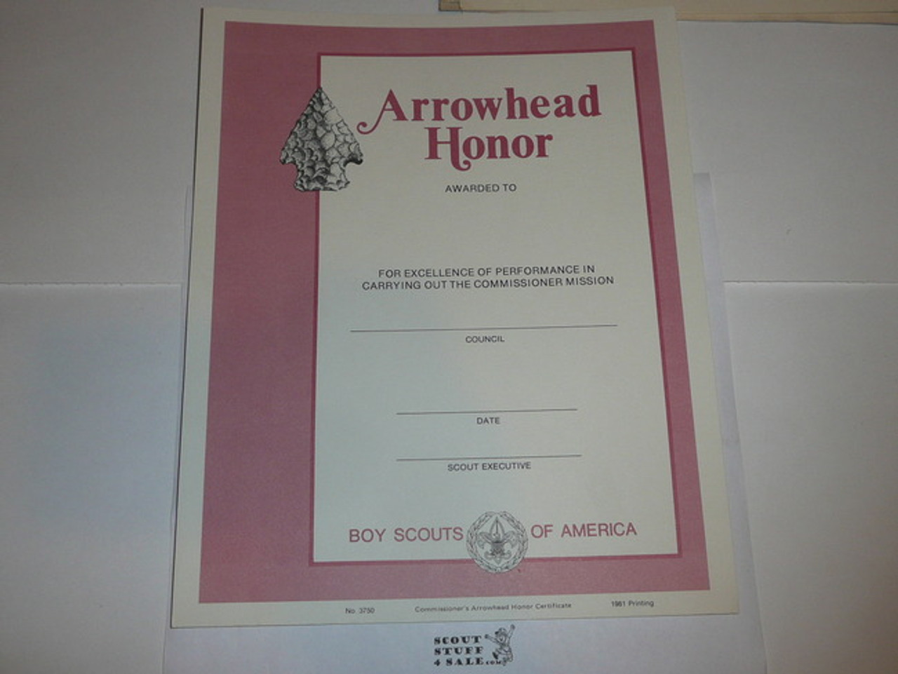 1975 Arrowhead Commissioner Award Training Certificate, blank