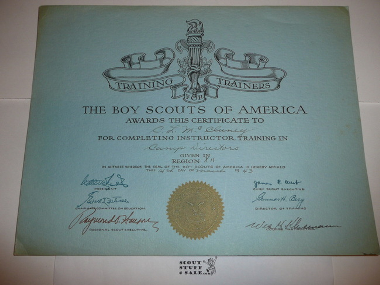 1943 National Train the Trainers Training Certificate, presented
