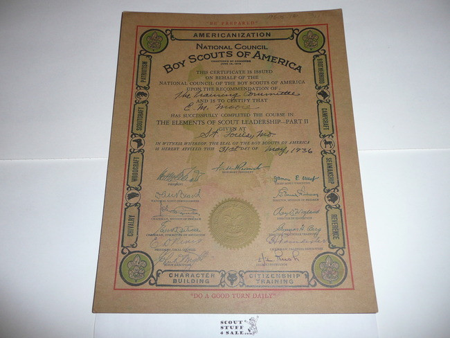 1936 Elements of Scoutmastership Part II Training Certificate, Presented