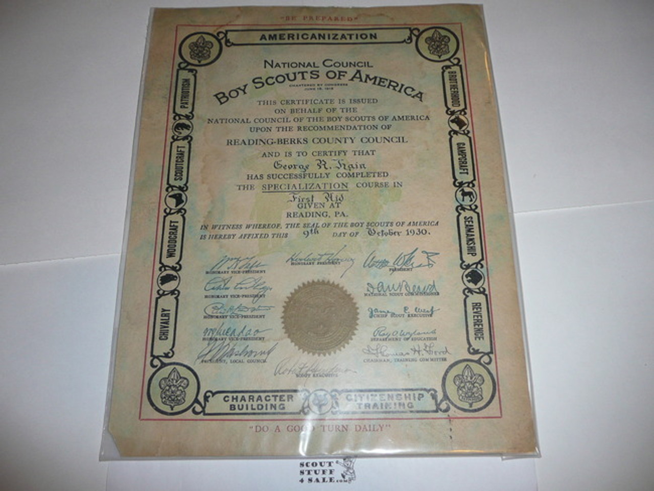 1930 Specialization Course in First Aid Training Certificate, Presented, PA