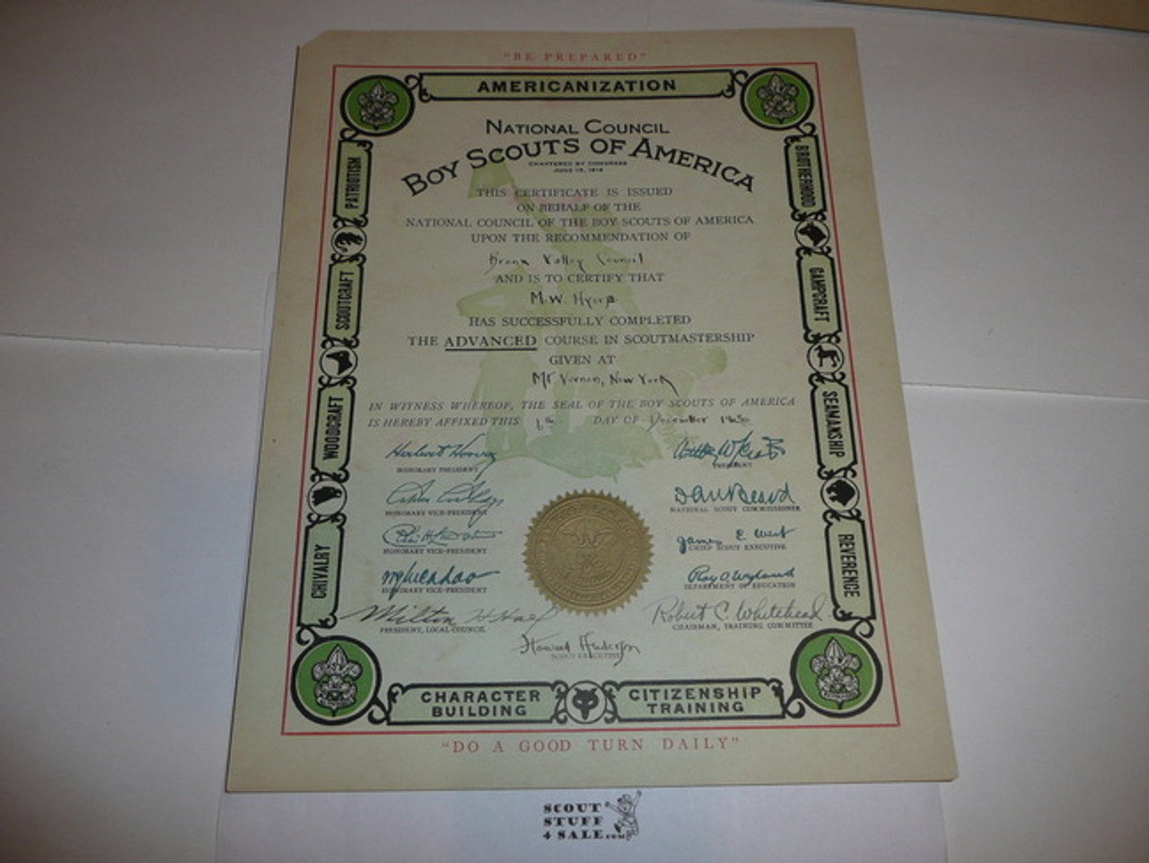 1930 Advanced Course in Scoutmastership Training Certificate, Presented #2