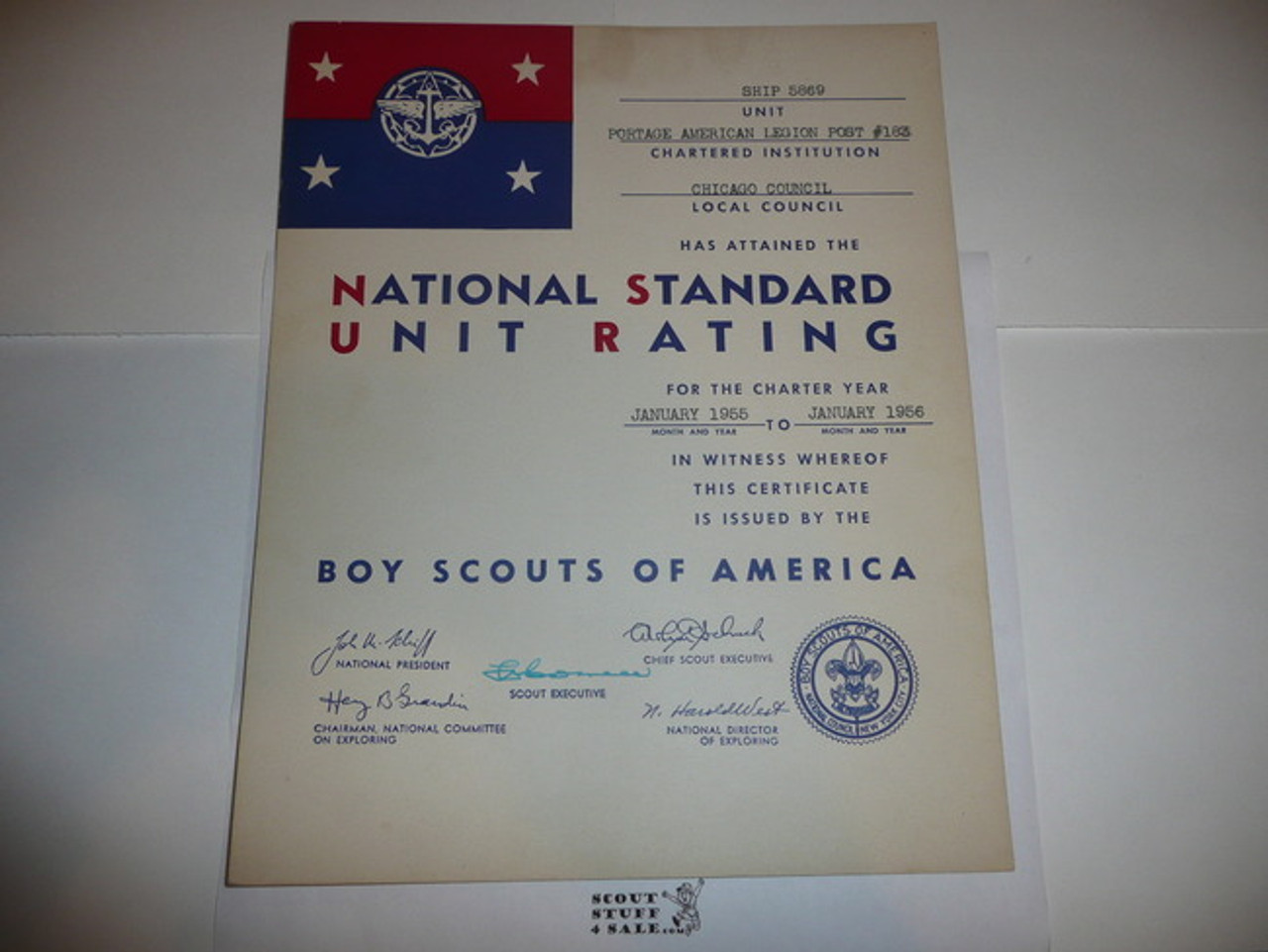 1955 Sea Scout National Standard Unit Rating Certificate, presented