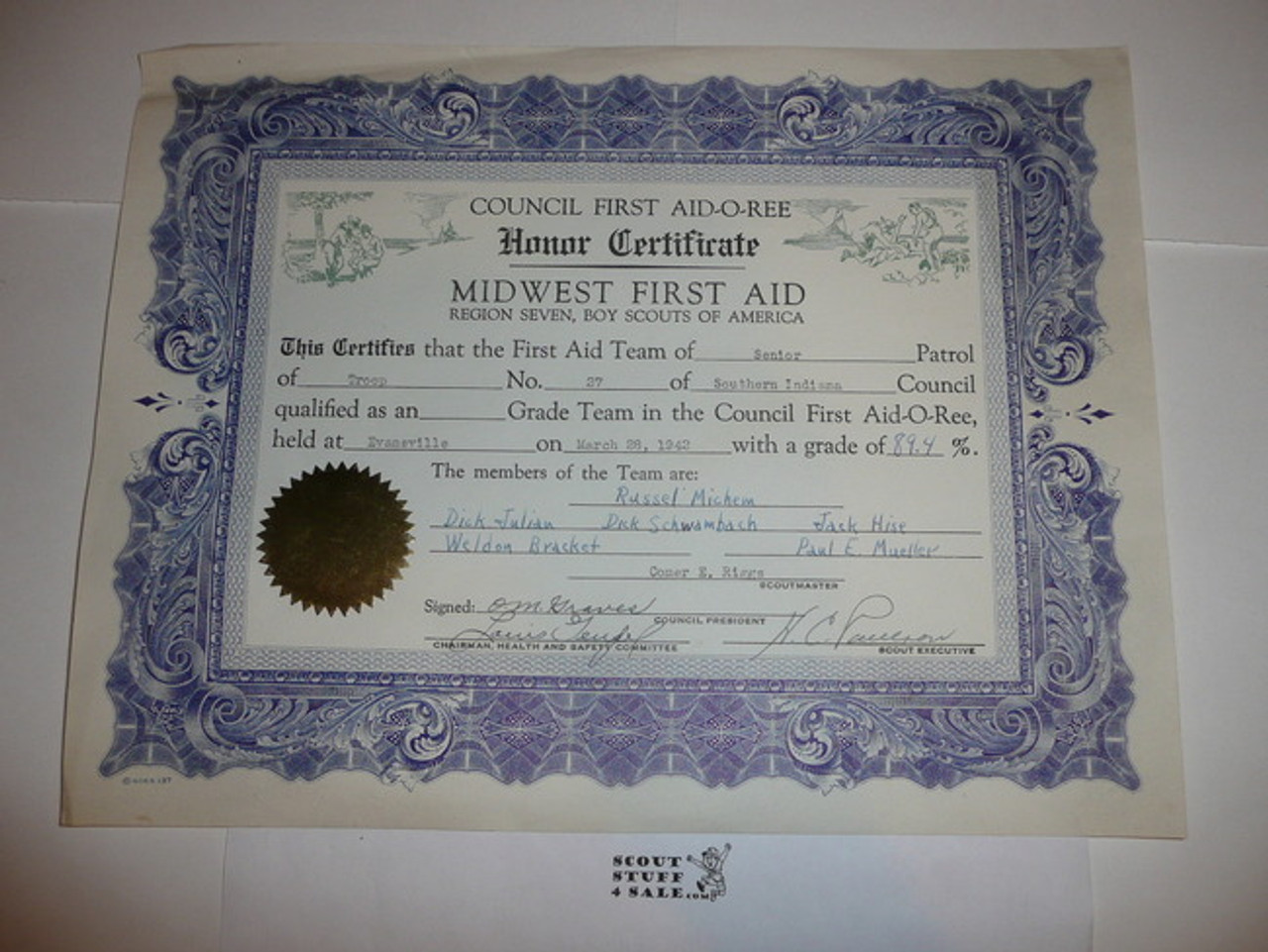 1942 Region 7/Council First Aid Meet Certificate of Honor