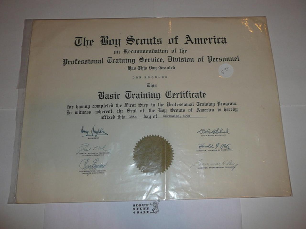 1950 Basic Training Professional BSA Certificate, presented