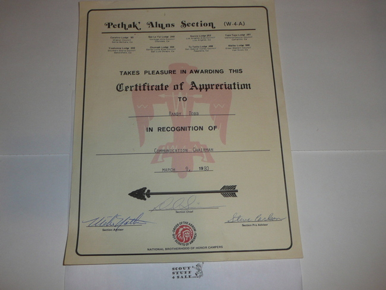 1980 Order of the Arrow Section W4A Certificate of Appreciation, presented