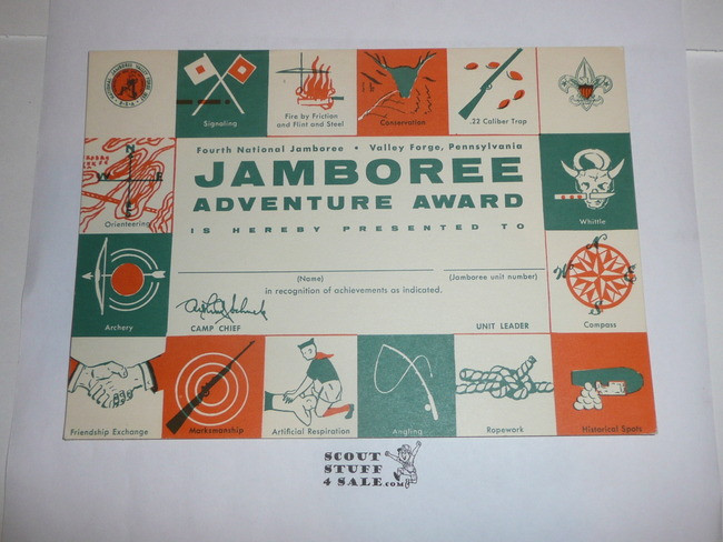 1957 National Jamboree Adventure Award Certificate, blank