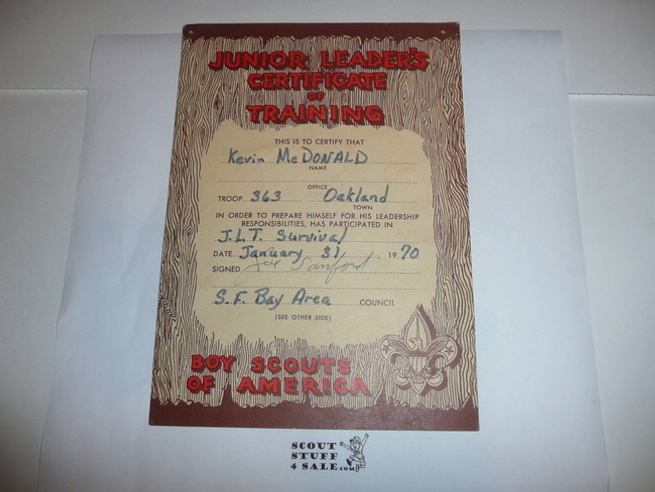 1968 Junior Leader's Certificate of Training, presented