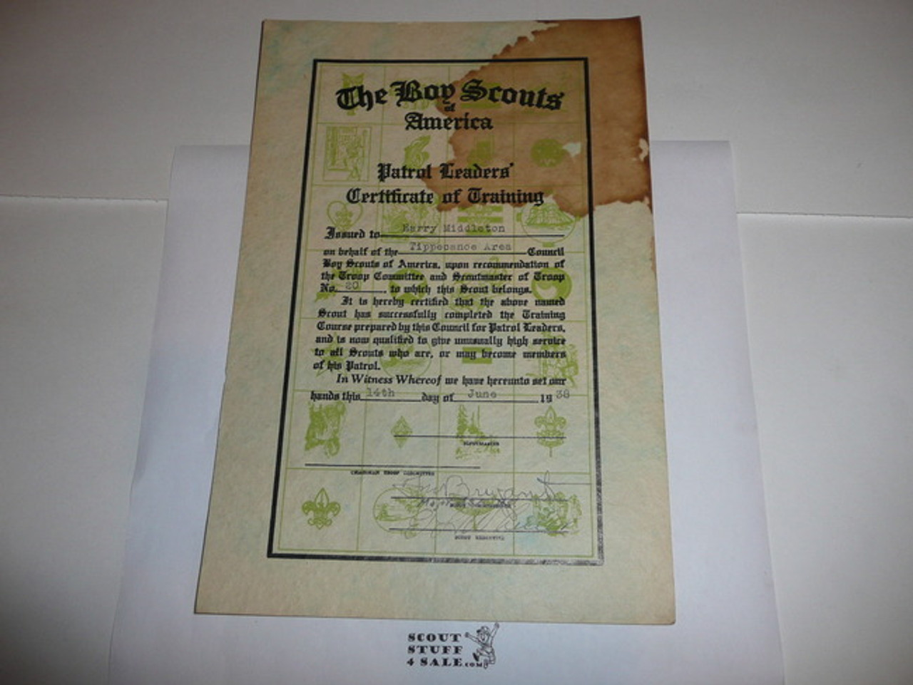 1938 Patrol Leader's Certificate of Training, presented, stained