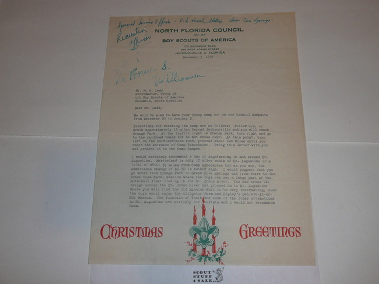 North Florida Council Stationary, 1954 letter