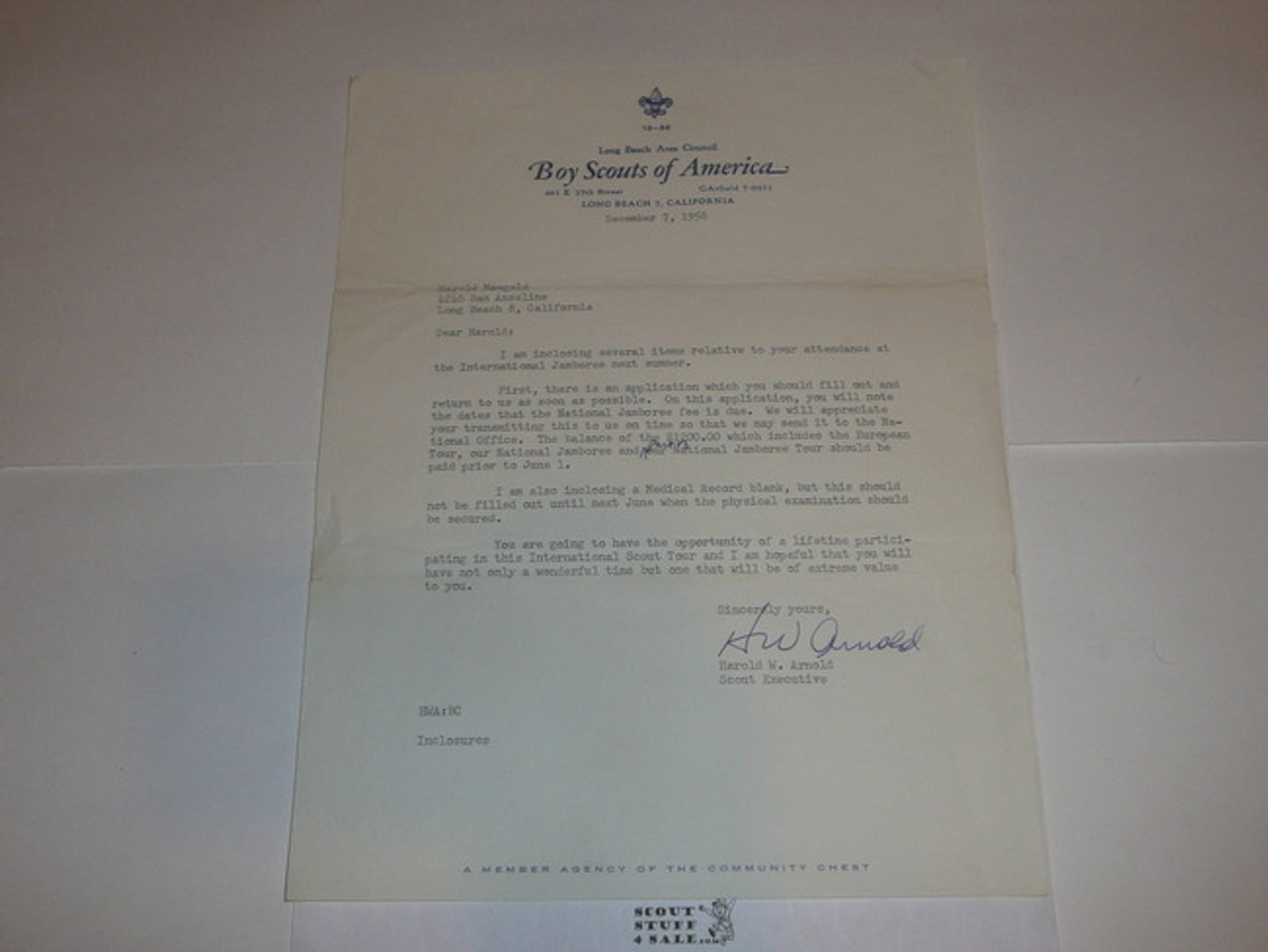 Long Beach Area Council Stationary, 1956 letter from Scout Executive