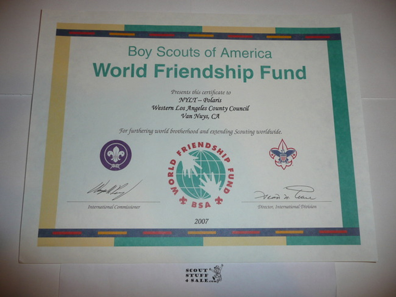 2007 World Friendship Fund Contribution Appreciation Certificate, presented