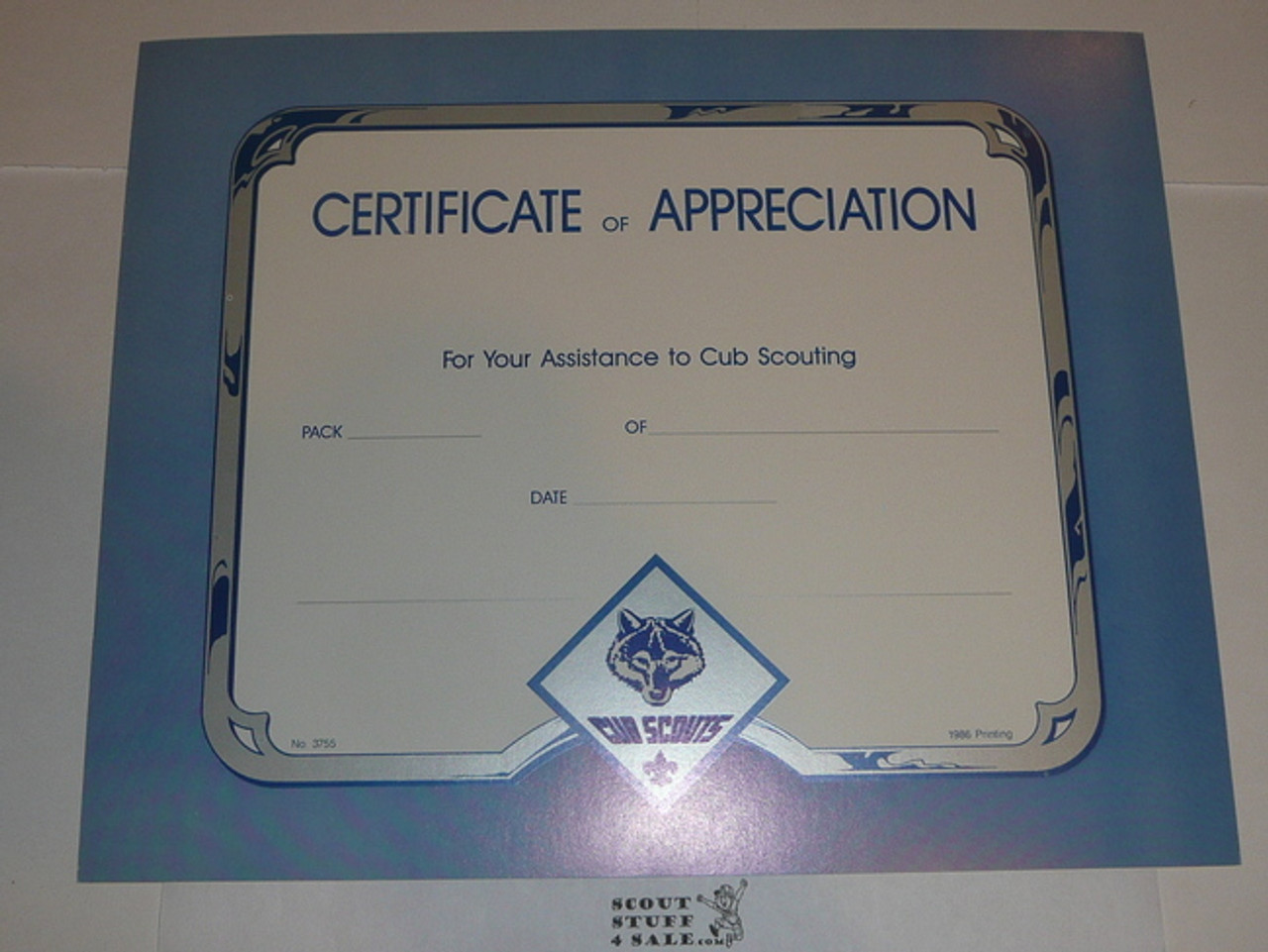 1983 Cub Scout Certificate of Appreciation, blank