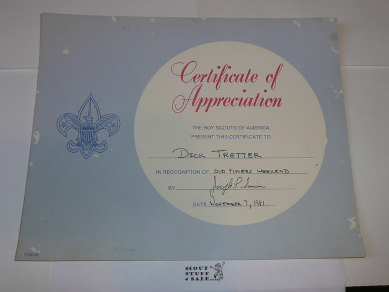 1981 Certificate of Appreciation, presented