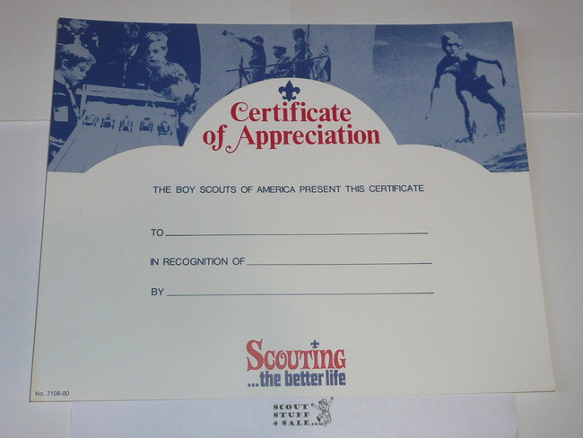 1980 Scoutingthe Better Life Certificate of Appreciation, blank