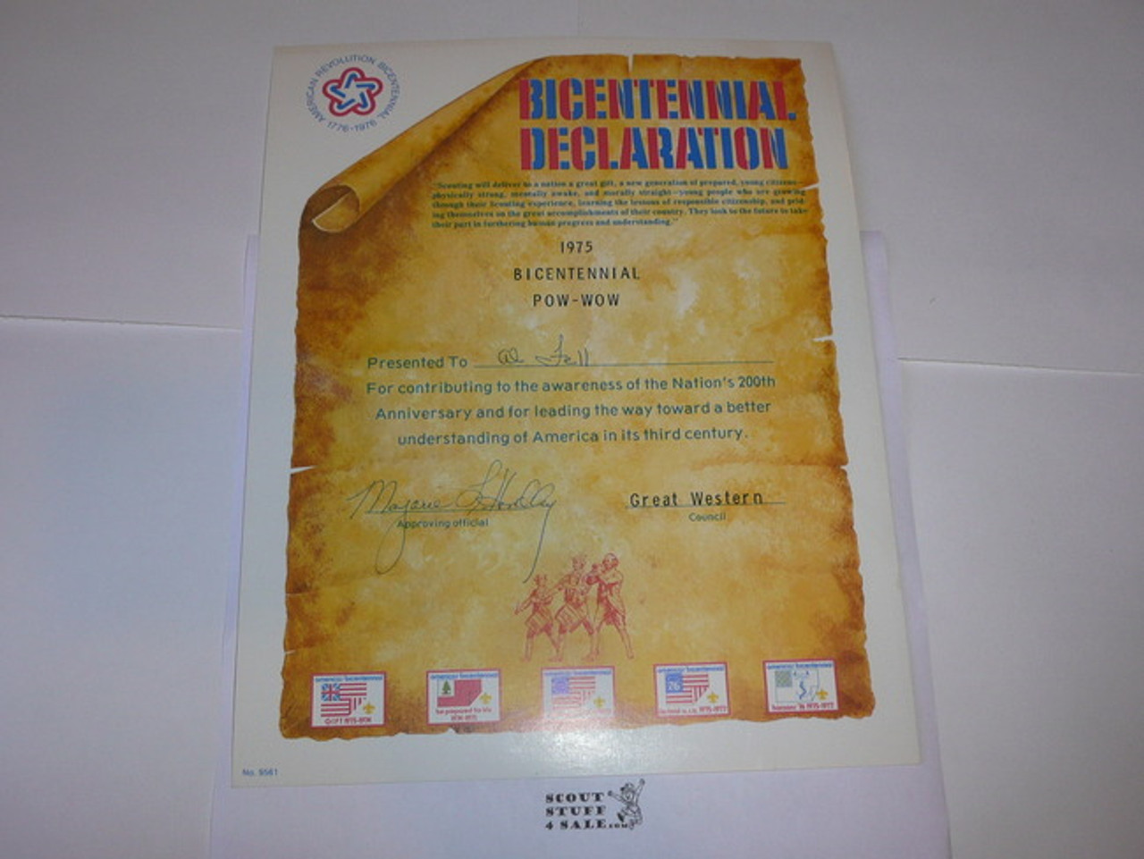 1976 Bicentennial Declaration Certificate of Appreciation, presented