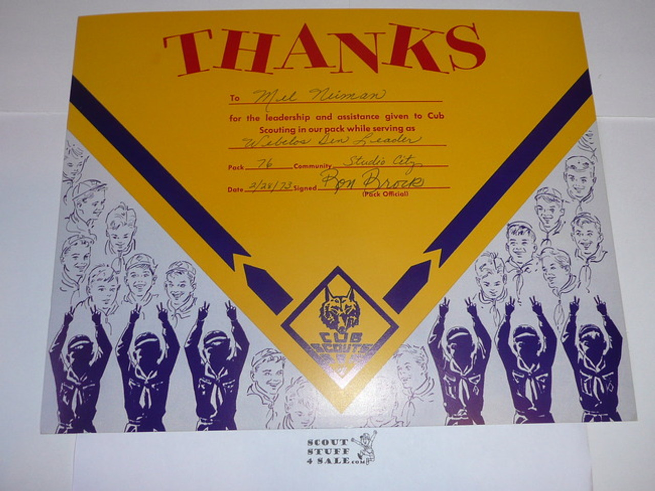 1973 Pack Thanks Certificate, Presented