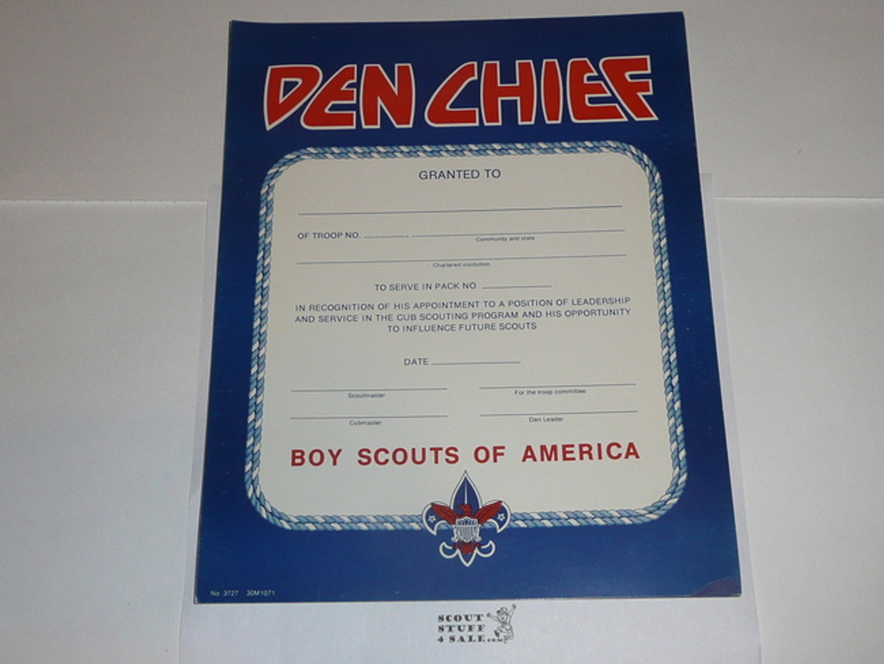 1971 Den Chief Warrant Certificate, blank