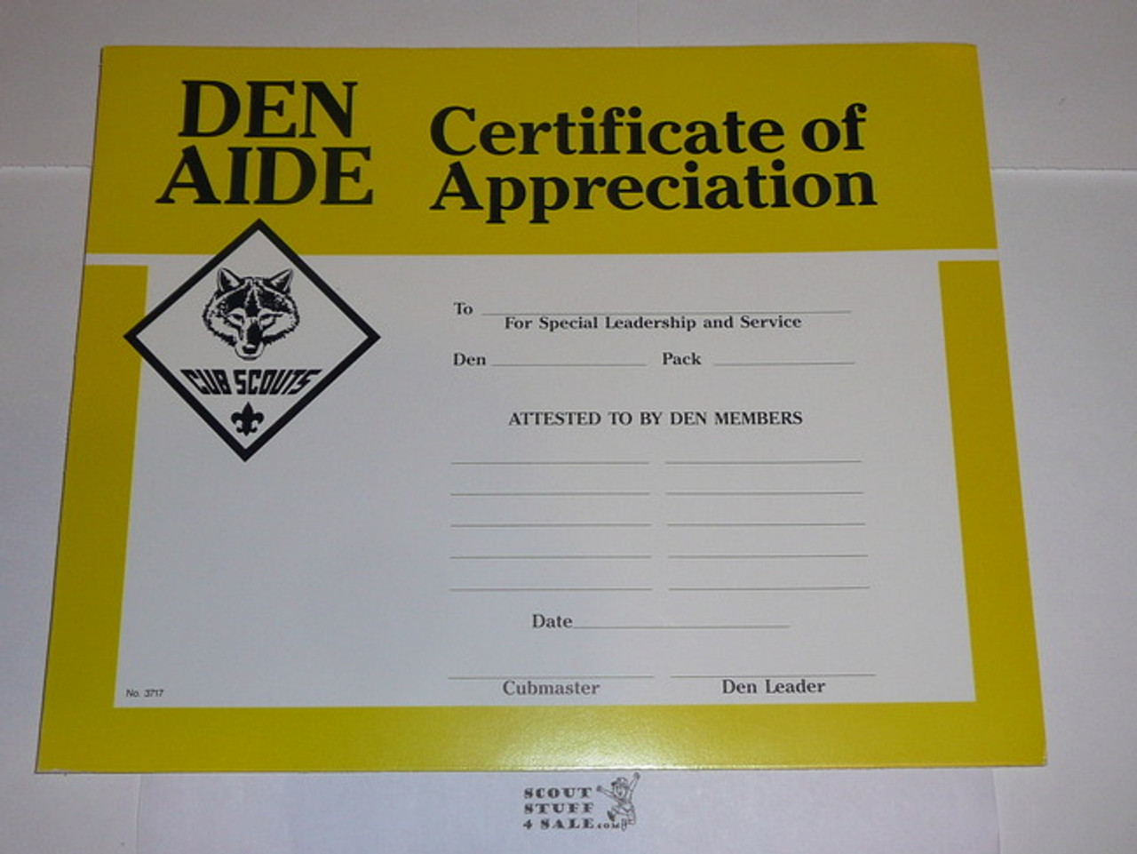 1970's Cub Scout Den Aide Certificate of Appreciation, blank