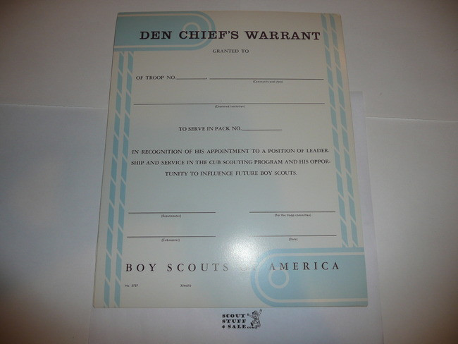 1960-70 Den Chief Warrant Certificate, blank