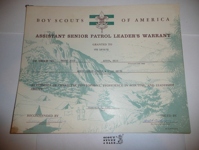 1960 Assistant Senior Patrol Leader Warrant Certificate, presented