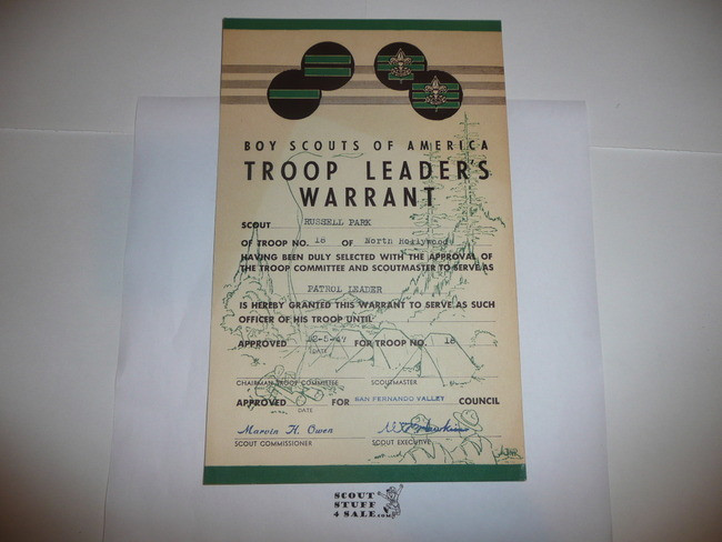 1947 Troop Leaders Warrant Certificate, presented