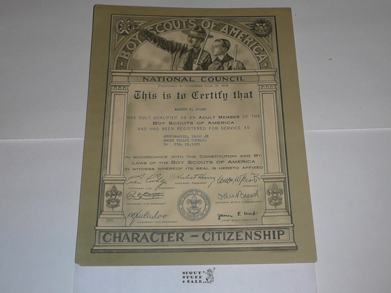 1933 Adult Leader Warrant Certificate, Scoutmaster