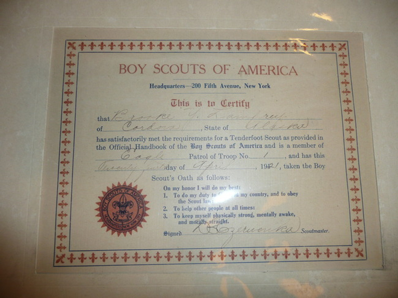 1921 Tenderfoot Scout Certificate, presented