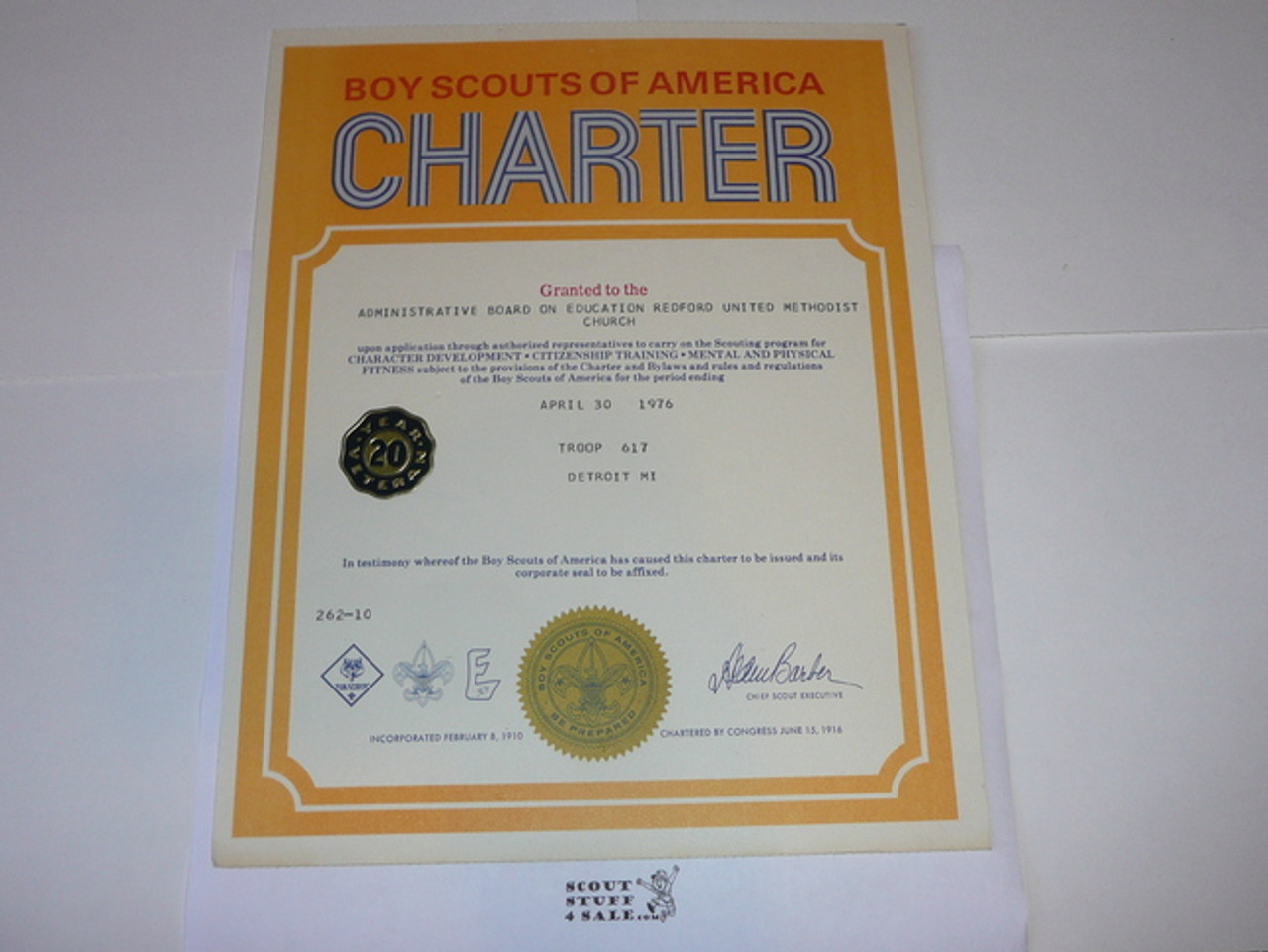 1976 Boy Scout Troop Charter, April, 20 year Veteran Troop