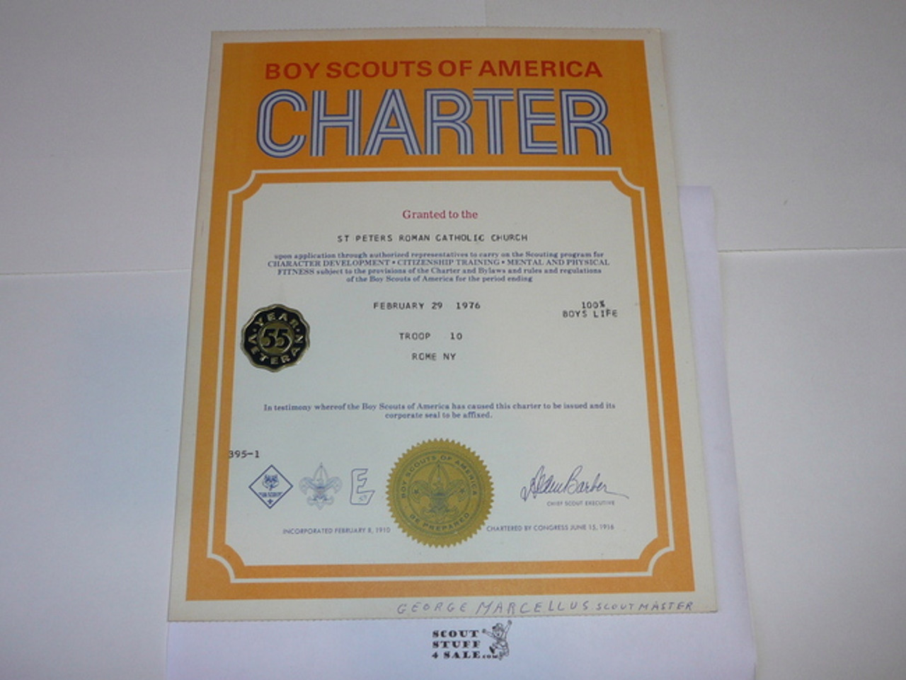 1976 Boy Scout Troop Charter, February, 55 year Veteran Troop