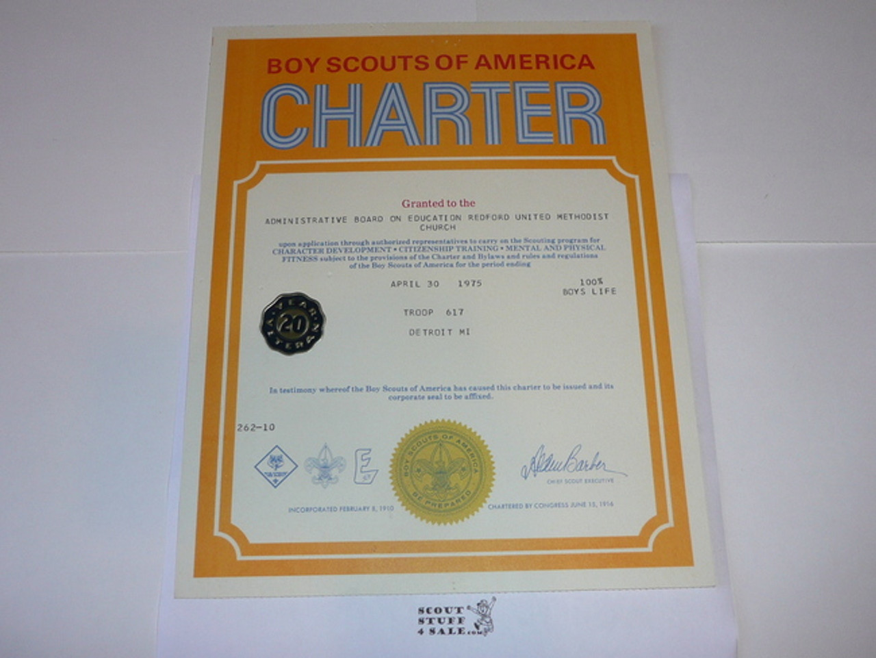 1975 Boy Scout Troop Charter, April, 20 year Veteran Troop