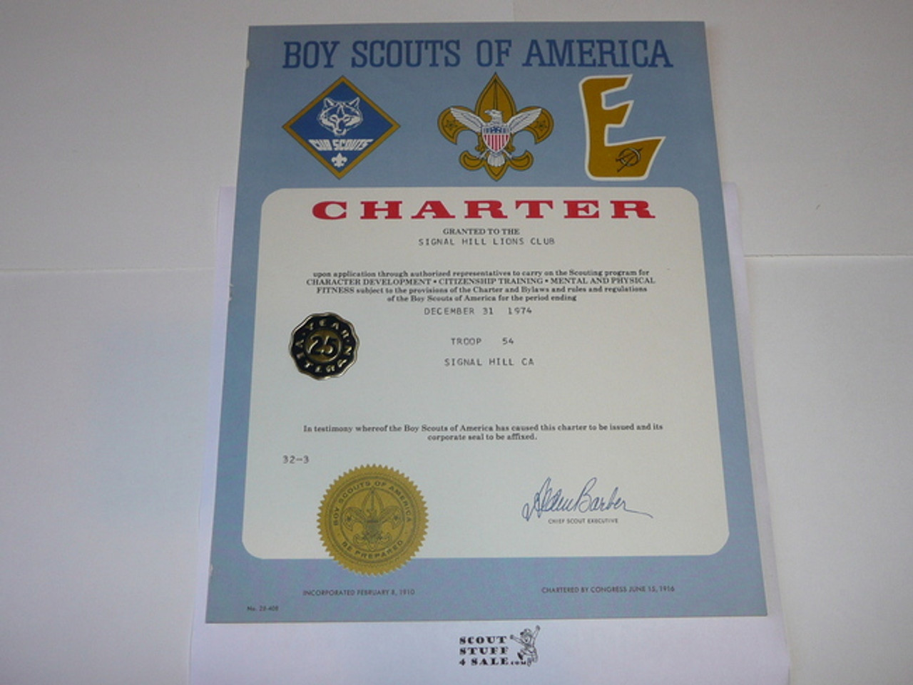 1974 Boy Scout Troop Charter, December, 25 year Veteran Troop