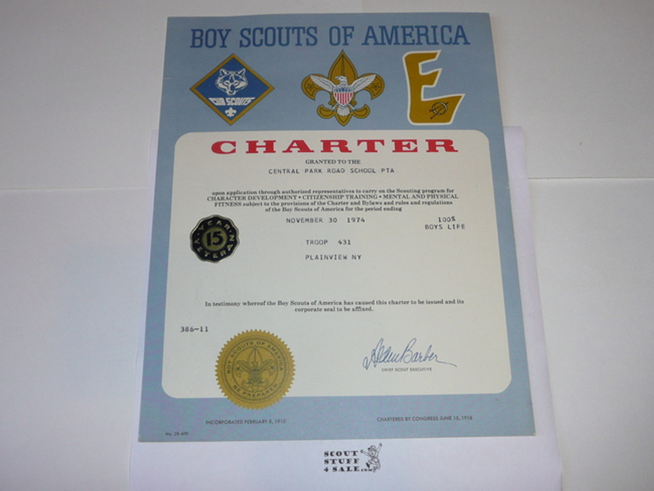 1974 Boy Scout Troop Charter, November, 15 year Veteran Troop