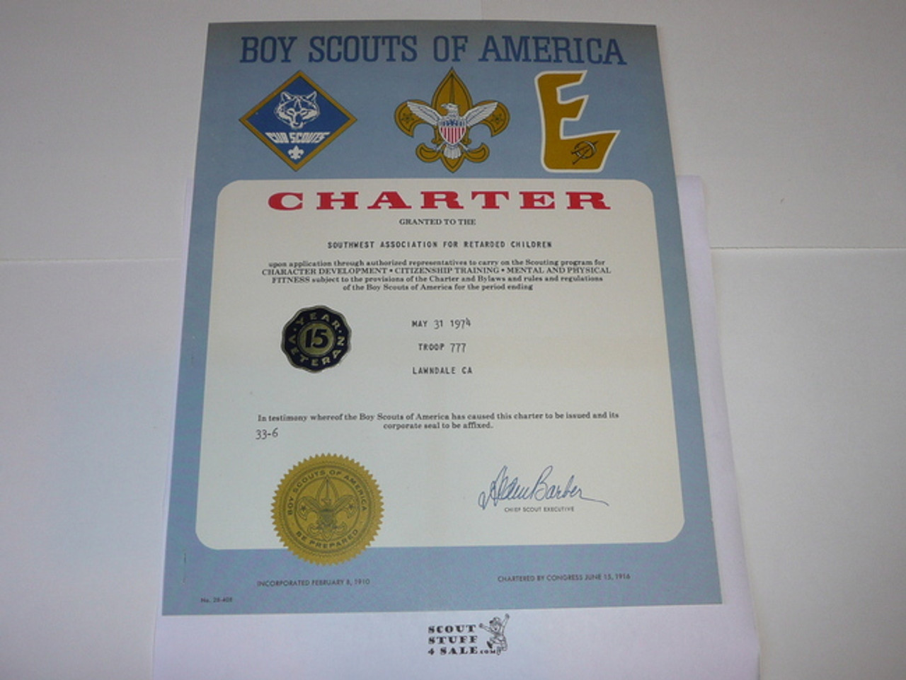 1974 Boy Scout Troop Charter, May, 15 year Veteran Troop